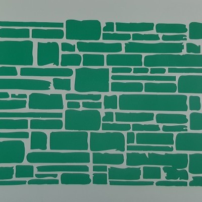 Estêncil verde com padrão de tijolos irregulares sobre fundo branco