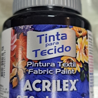 Frasco de tinta para tecido Acrilex 250 ml com tampa cinza e rótulo azul floral
