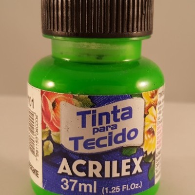 Frasco verde de tinta para tecido Acrilex 37ml com tampa preta