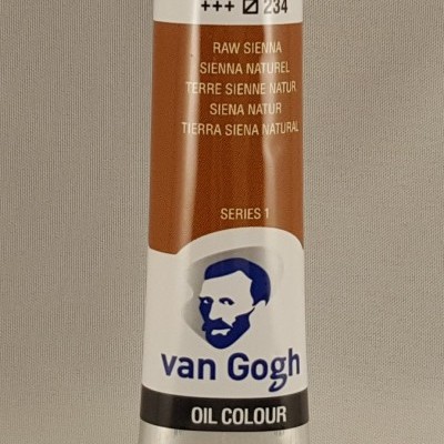 Tubo de tinta a óleo Van Gogh Raw Sienna sobre superfície clara