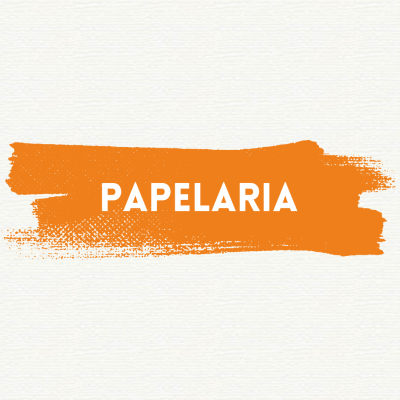Faixa laranja com texto 'PAPELARIA' em fundo branco
