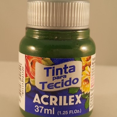Frasco verde de tinta para tecido Acrilex 37 ml com rótulo colorido e tampa prateada