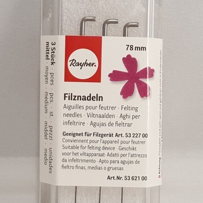 Conjunto de 3 agulhas para feltragem Rayher em embalagem com rótulo multilingue.