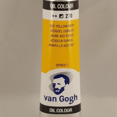 Tubo de tinta a óleo amarelo 'Van Gogh' com texto e imagem de Van Gogh no rótulo