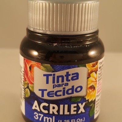Frasco de tinta para tecido Acrilex 37 ml com tampa prateada e rótulo floral azul