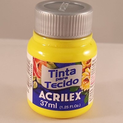 Frasco amarelo de tinta para tecido Acrilex 37 ml com tampa prateada