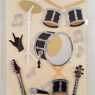 Pacote de autocolantes 3D com temática musical com bateria, guitarras, microfone e notas musicais