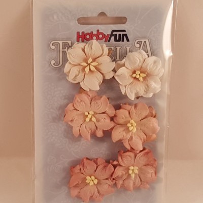 Pacote de flores artificiais por HobbyFun com 6 flores em tons rosa e bege em cartão decorado