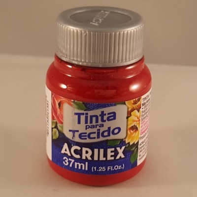 Frasco de tinta acrílica vermelha para tecido, 37ml, Acrilex, com tampa prateada e rótulo colorido