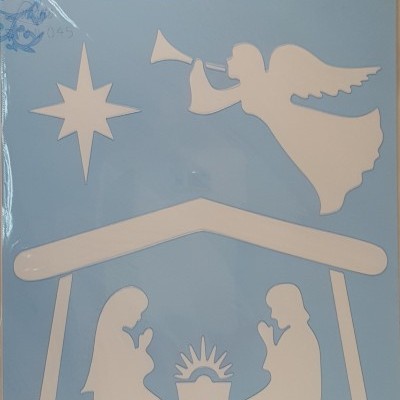 Stencil azul com figuras da Natividade recortadas