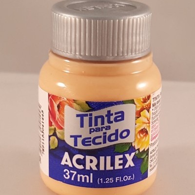 Frasco de tinta para tecido amarelo da Acrilex com tampa prateada e rótulo azul floral.