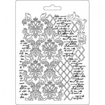 Molde com padrões ornamentais e texto manuscrito em embalagem de plástico