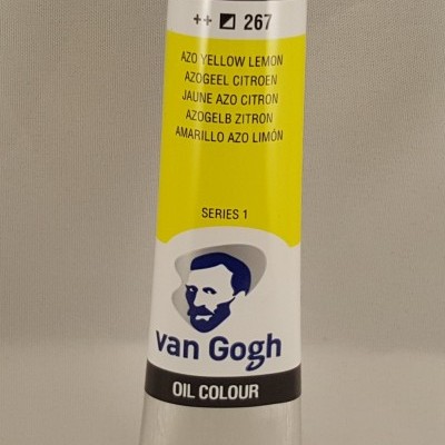 Tubo metálico de tinta óleo amarelo limão Van Gogh sobre fundo cinzento