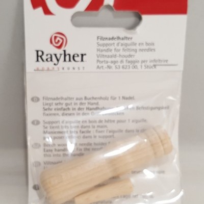 Suporte para agulhas de feltragem em madeira dentro de embalagem transparente com logótipo Rayher e texto explicativo