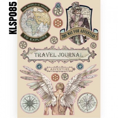 Design vintage para diário de viagem com mapa, anjo alado, bússolas e textos em inglês.