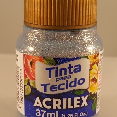 Frasco de tinta para tecido Acrilex azul com glitter e tampa dourada