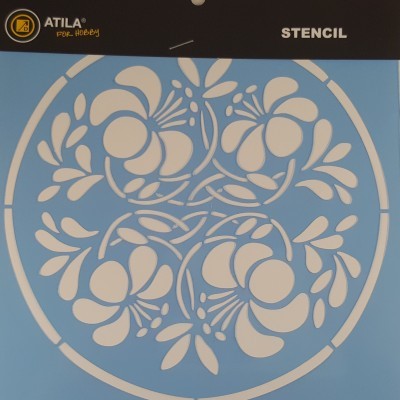 Stencil redondo floral em branco sobre fundo azul com embalagem preta