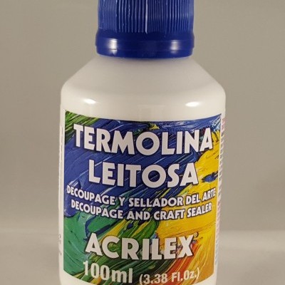 Frasco branco com tampa azul e etiqueta colorida de Termolina Leitosa Acrilex 100 ml