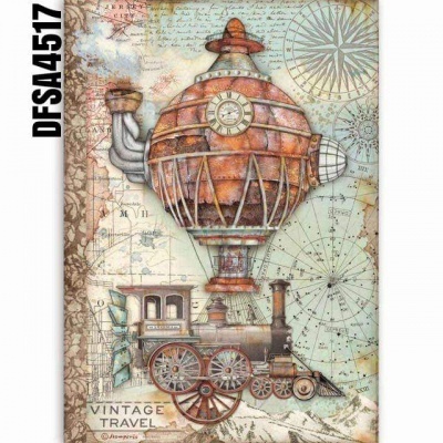 Ilustração vintage de balão de ar quente e comboio a vapor sobre mapa antigo