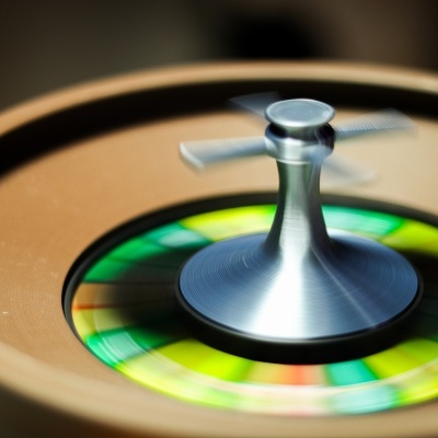 Spinning roulette wheel with metallic spindle and colorful wheel in brown frame