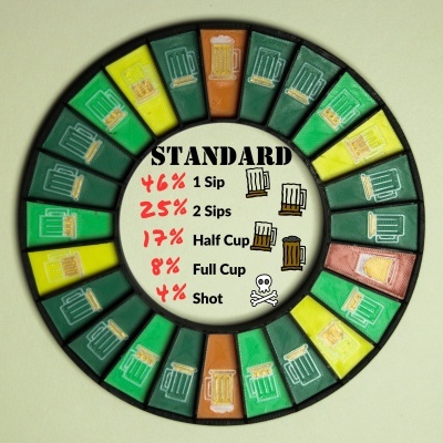 Circular board game piece with beer mugs and drinking instructions in text.