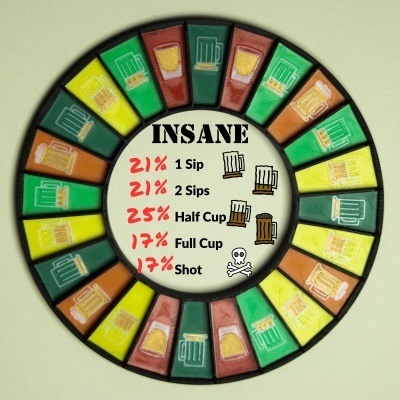 Colorful circular spinner with beer mug icons and INSANE drinking game instructions.