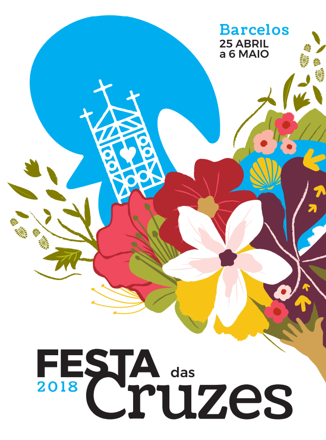 Pôster colorido da Festa das Cruzes 2018 em Barcelos com flores e cruz