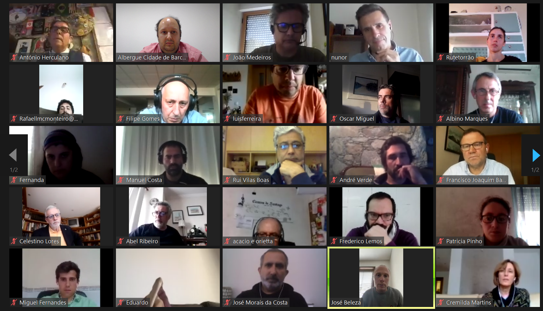 Videoconferência Zoom com 22 participantes em janelas individuais, nomes visíveis, fundos diversos.