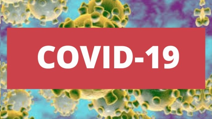 Ilustração de vírus com faixa vermelha e texto COVID-19