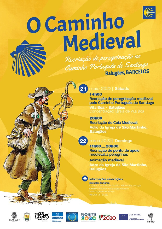 Cartaz amarelo com peregrino medieval e texto informativo sobre evento em Barcelos