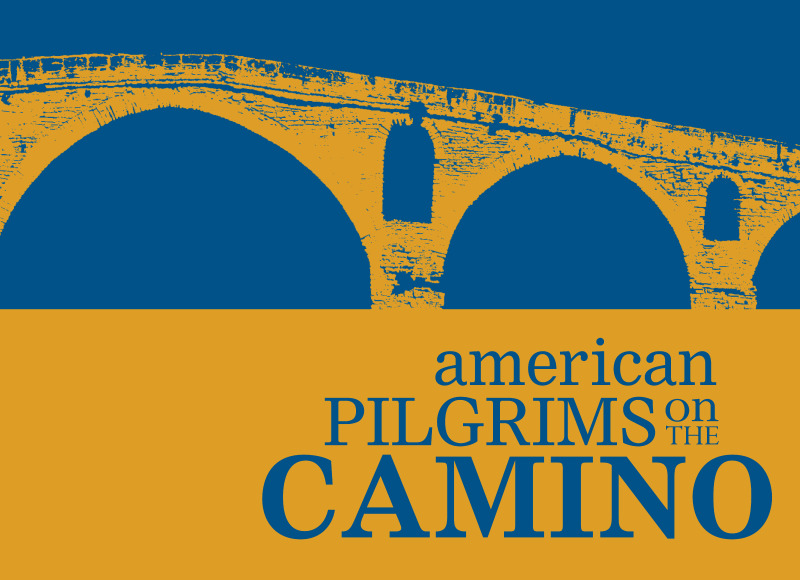 Ilustração de ponte e texto 'american PILGRIMS on THE CAMINO' em azul e amarelo