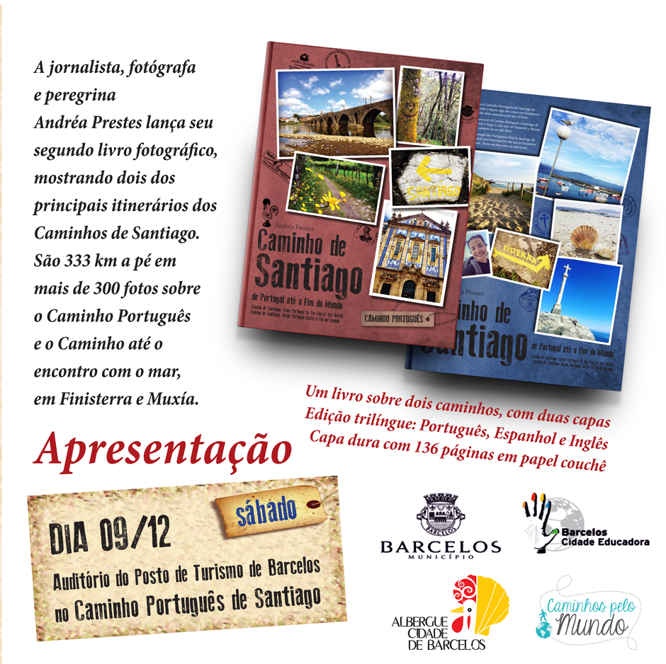 Livro 'Caminho de Santiago' com capas castanha e azul, fotos de paisagens e cartaz de evento em Barcelos