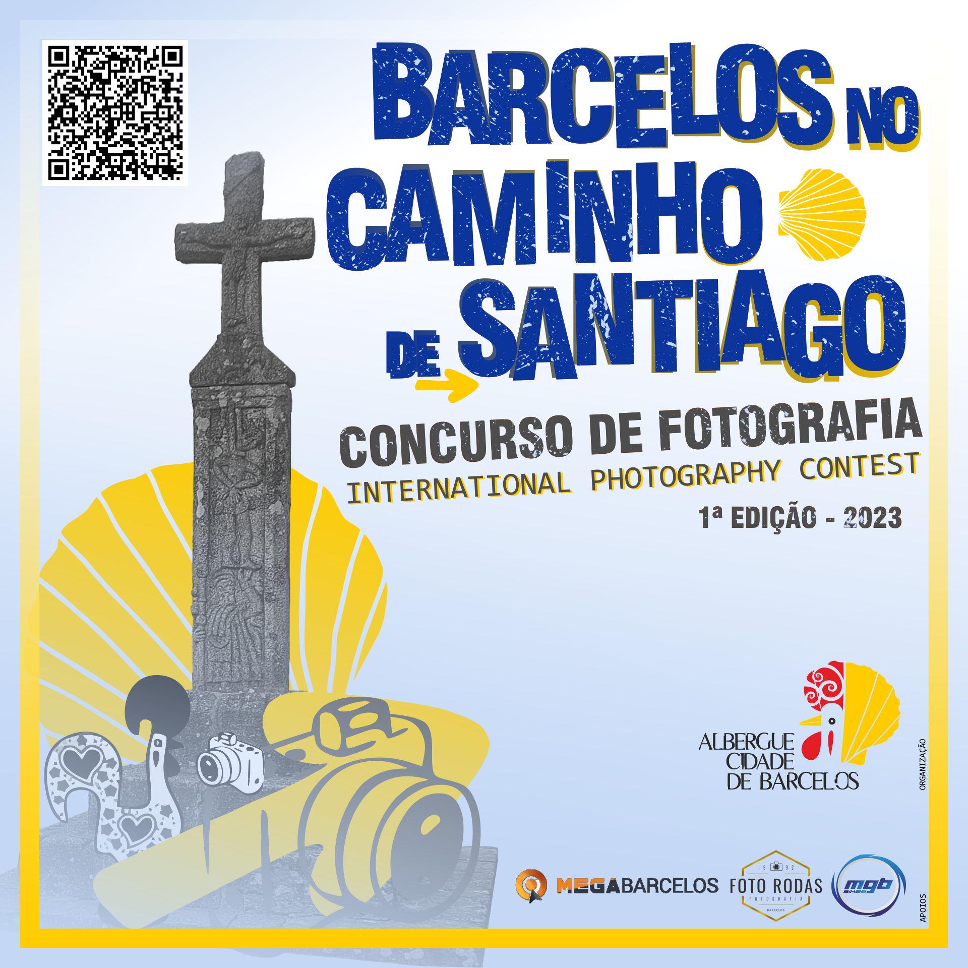 Cartaz do concurso de fotografia Barcelos no Caminho de Santiago com uma cruz, câmera e conchas amarelas