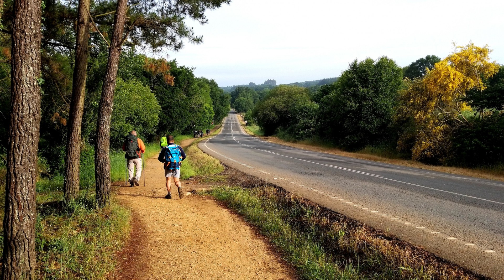 Duas pessoas a caminhar numa trilha de terra ao lado de uma estrada com árvores ao redor