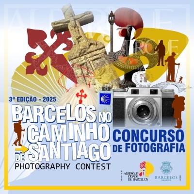 Cartaz do concurso de fotografia Barcelos no Caminho de Santiago 2025 com símbolos de Santiago e peregrinos