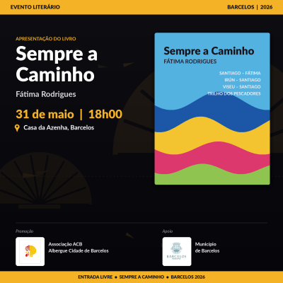Cartaz do evento literário Sempre a Caminho de Fátima Rodrigues com data e local, e capa do livro com padrões coloridos ondulados.