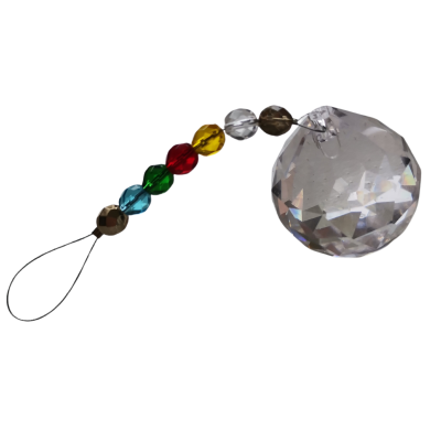 Pingente redondo transparente facetado com corrente de contas coloridas e pega de linha preta