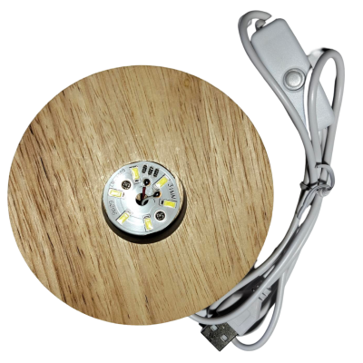 Luz LED redonda com superfície de madeira e cabo USB branco