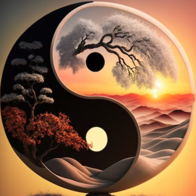 Símbolo yin-yang com árvores e paisagem ao pôr do sol