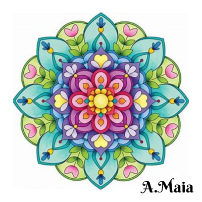 Mandala colorida com padrões florais em azul, verde, rosa, roxo e amarelo.