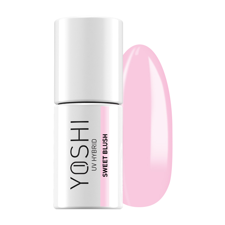 Verniz Yoshi Sweet Blush - 825 Verniz UV Hybrid YOSHI Sweet Blush em frasco branco com amostra rosa clara brilhante.