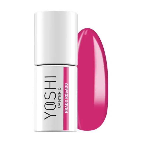 Verniz Yoshi Prado Rosado - 704 Esmalte UV hybrid YOSHI em frasco branco com amostra de cor rosa vibrante