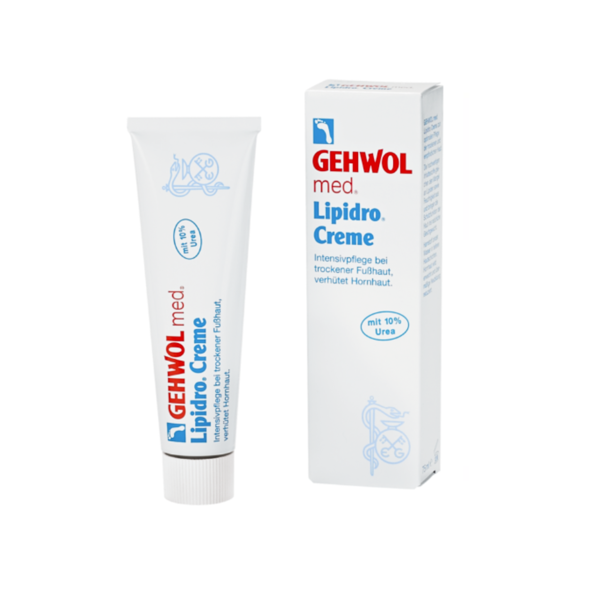 Gehwol Med Lipidro Cream 40ml Tubo e caixa brancos do creme GEHWOL med. Lipidro com textos em azul e vermelho