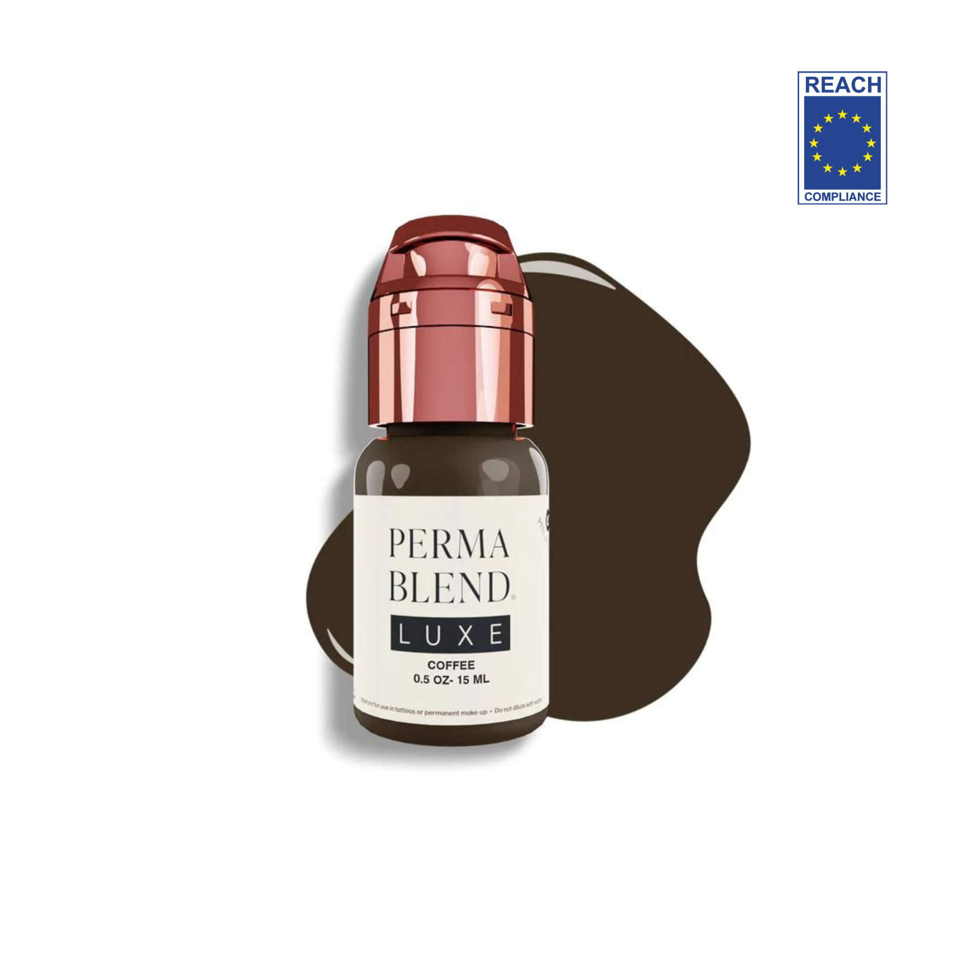 Pigmento Perma Blend Luxe 15ml - Coffee Frasco de vidro com tampa bronze e rótulo PERMA BLEND LUXE COFFEE em fundo branco