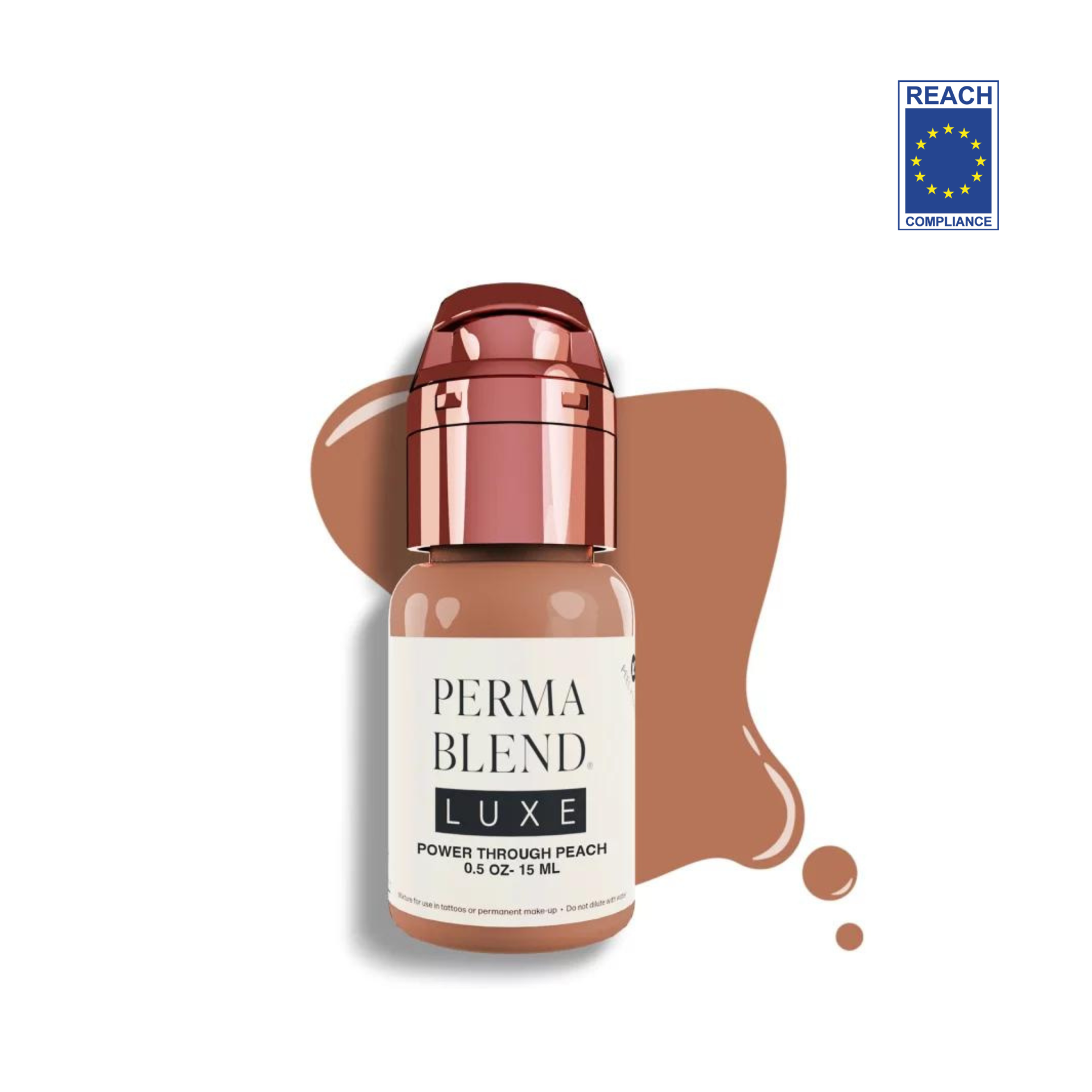Pigmento Perma Blend Luxe PMU - Power Through Peach (Areola Pigment) 15ml Frasco pequeno de produto cosmético Perma Blend Luxe com tampa rosé dourado e rótulo branco