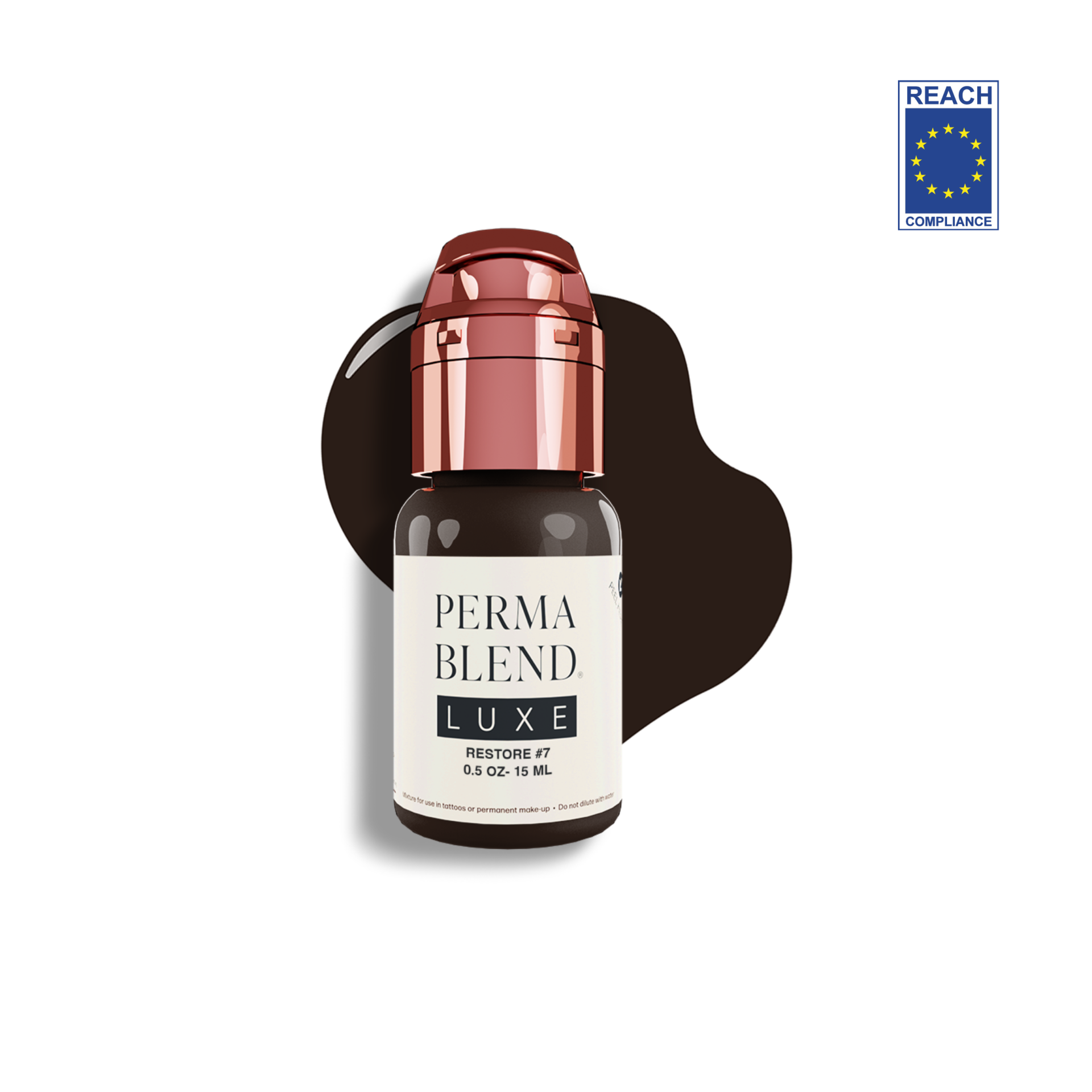 Pigmento Tattoo Perma Blend Luxe 15ml - Restore 7 Frasco de Perma Blend Luxe Restore #7 com tampa rosa sobre fundo branco com mancha marrom.