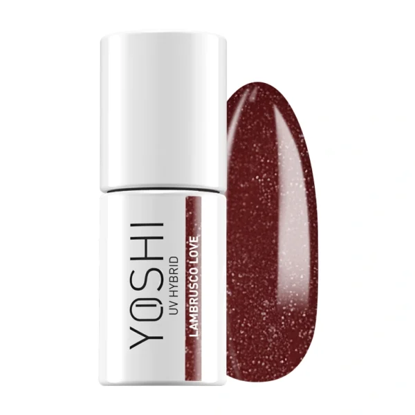 Verniz Yoshi Lambrusco Love - 146 Esmalte de unhas YOSHI UV HYBRID LAMBRUSCO LOVE vinho com glitter em embalagem branca