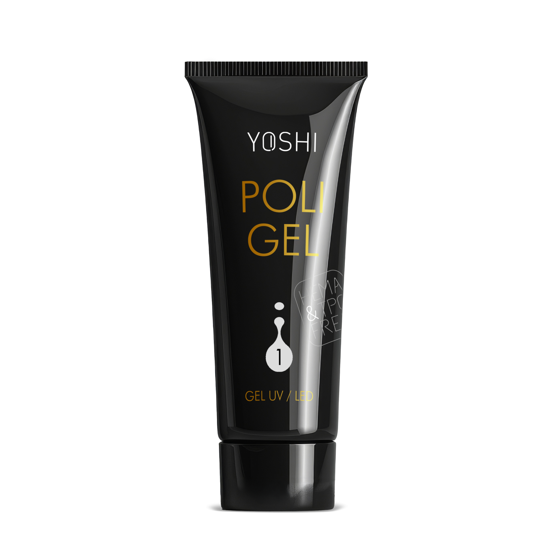 Yoshi Poligel Nº 1 Tubo preto de gel para unhas com texto YOSHI POLI GEL e número 1