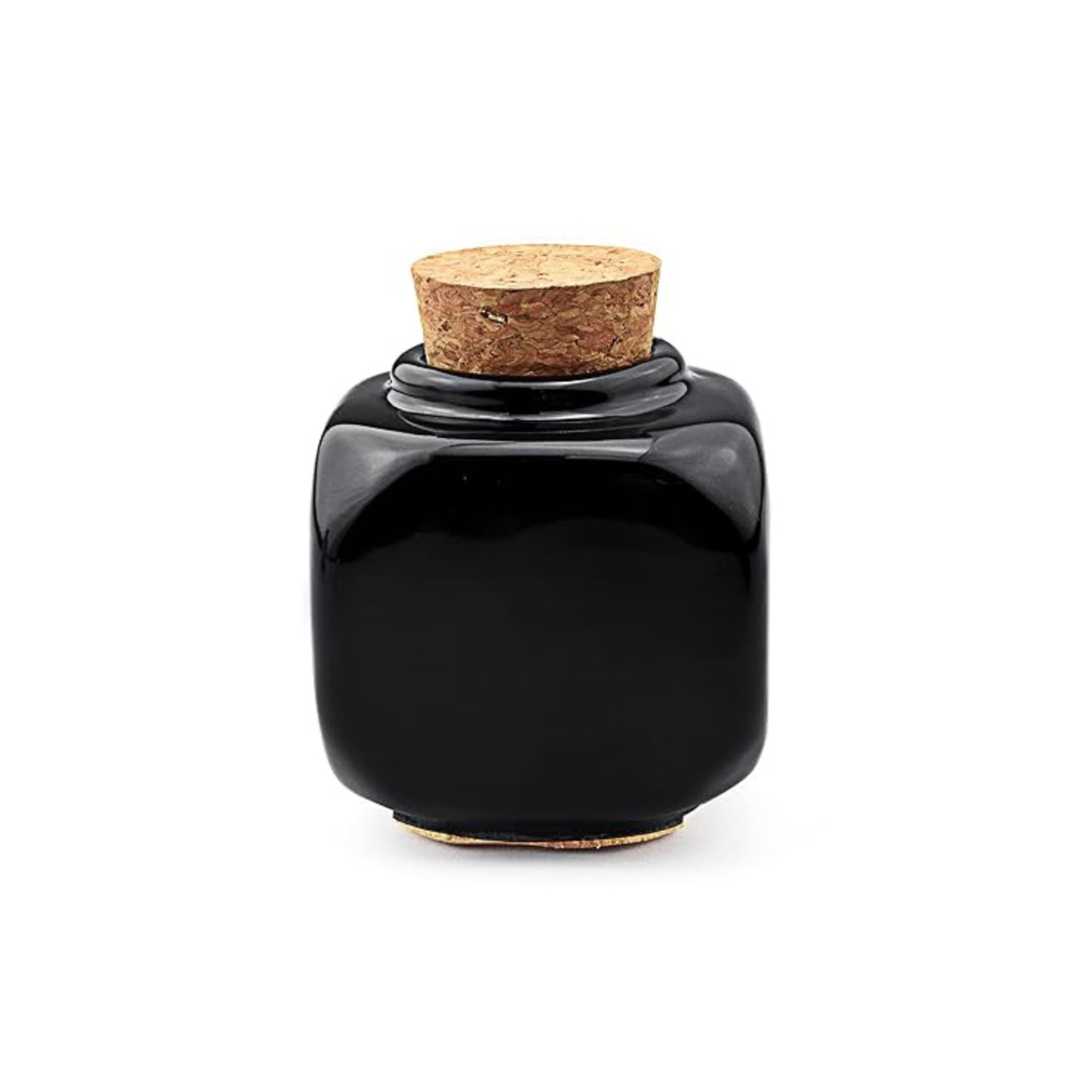 Pote de Porcelana para Líquido Acrílico c/ Tampa frascos preto de cerâmica com tampa de cortiça sobre fundo branco