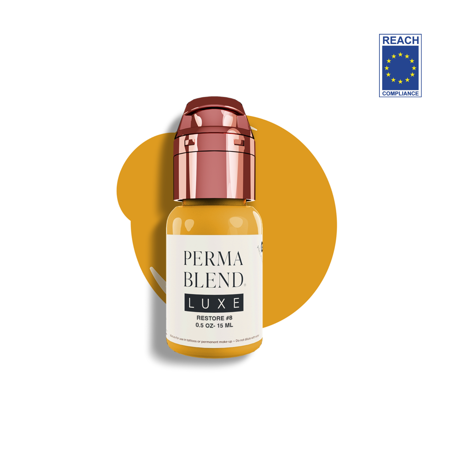 Pigmento Tattoo Perma Blend Luxe 15ml - Restore 8 Frasco pequeno com líquido amarelo e etiqueta Perma Blend Luxe